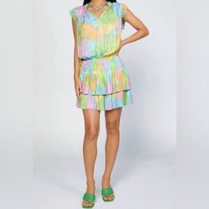 Current Air Los Angeles Cara Pleated Mini Dress Rainbow 🌈  Tiered Drop Waist L